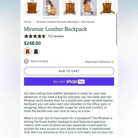 Parker Clay Tan Mirimar Leather Backpack!! - Picture 6 of 7